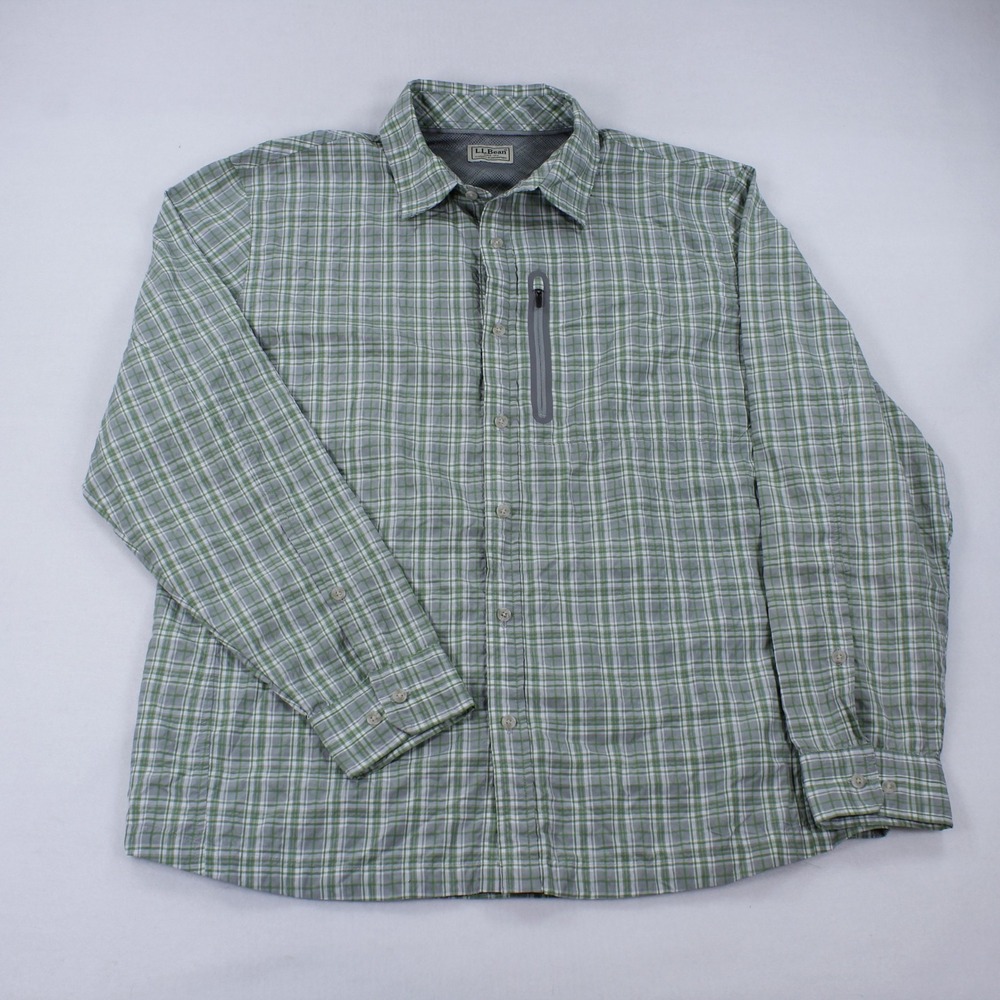 LL Bean Cool Wave Shirt Men Large L Hiking Plaid Long Sleeve Vented Green Tech